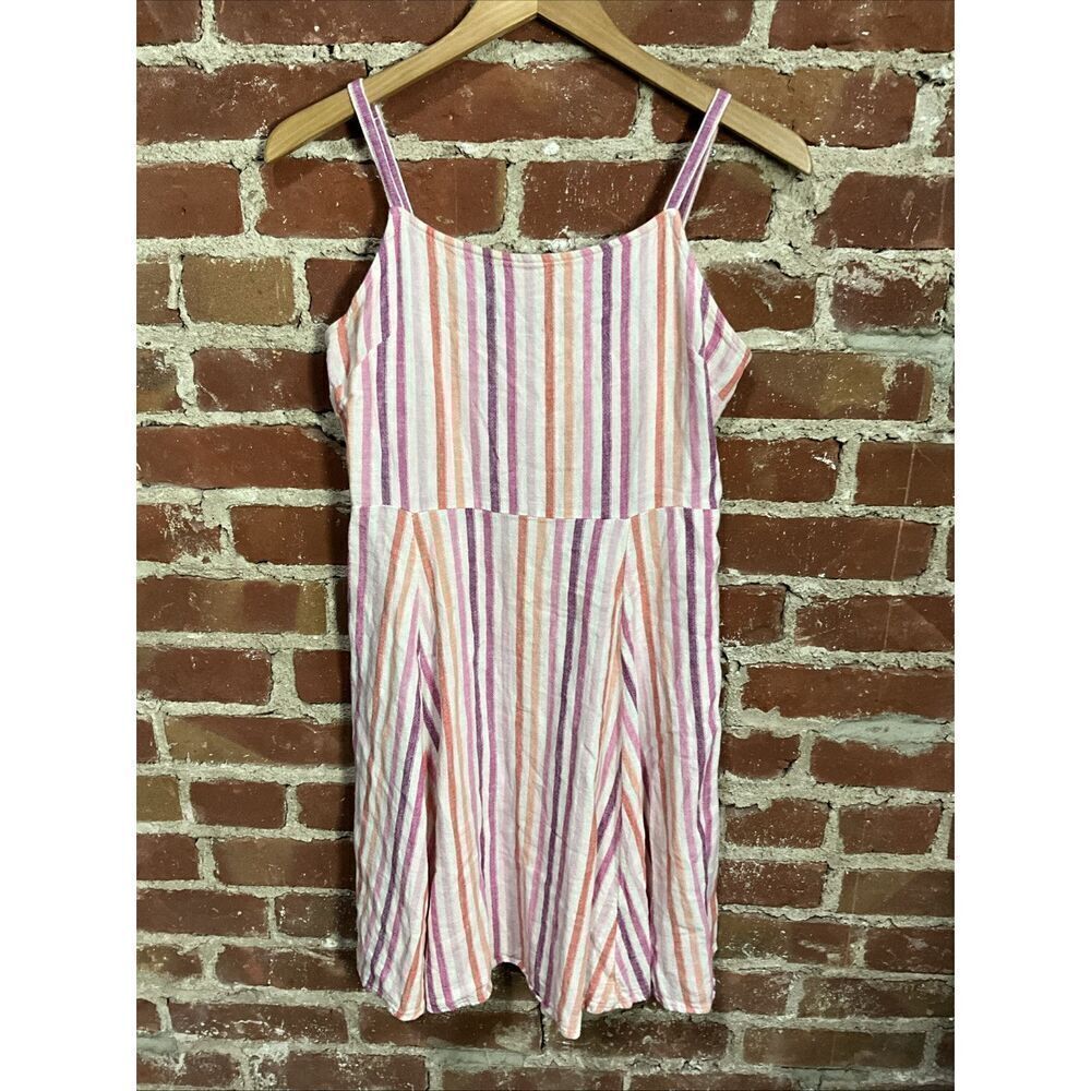 GAP Size S Linen Blend Strap Sundress Back Button Front Pink Striped Womens